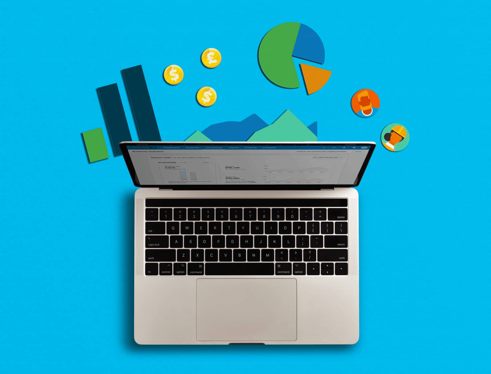 Graphs, charts, and icons represent Xero accounting software for hospitality on a laptop.