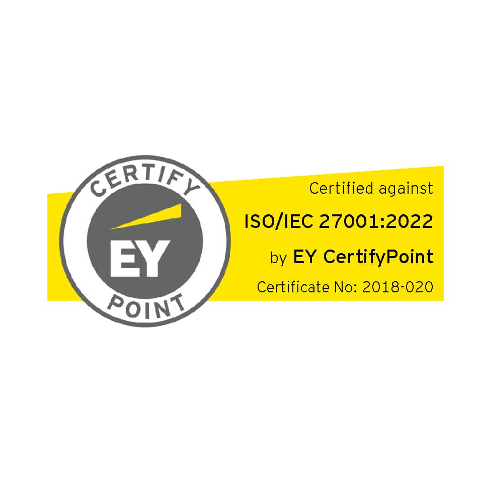 A logo that says ‘Certified against ISO/IEC 27001:2022 by EY CertifyPoint. Certificate no. 2018-020.’