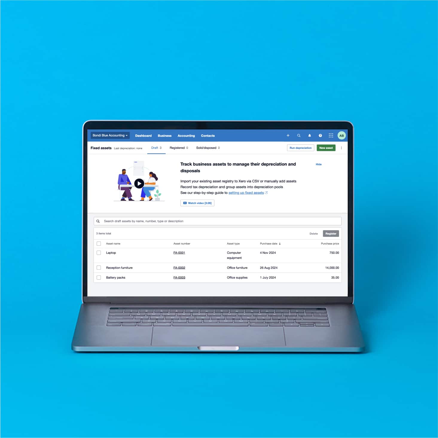 The fixed assets screen in Xero displays a list of assets along with their type, purchase date and price.
