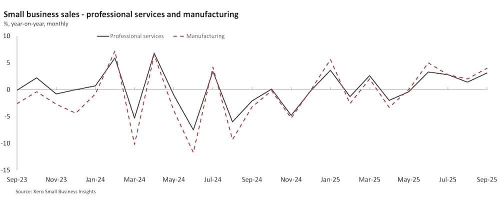 Chart showing New Zealand small business sales in selected industries September 2023 to September 2025.