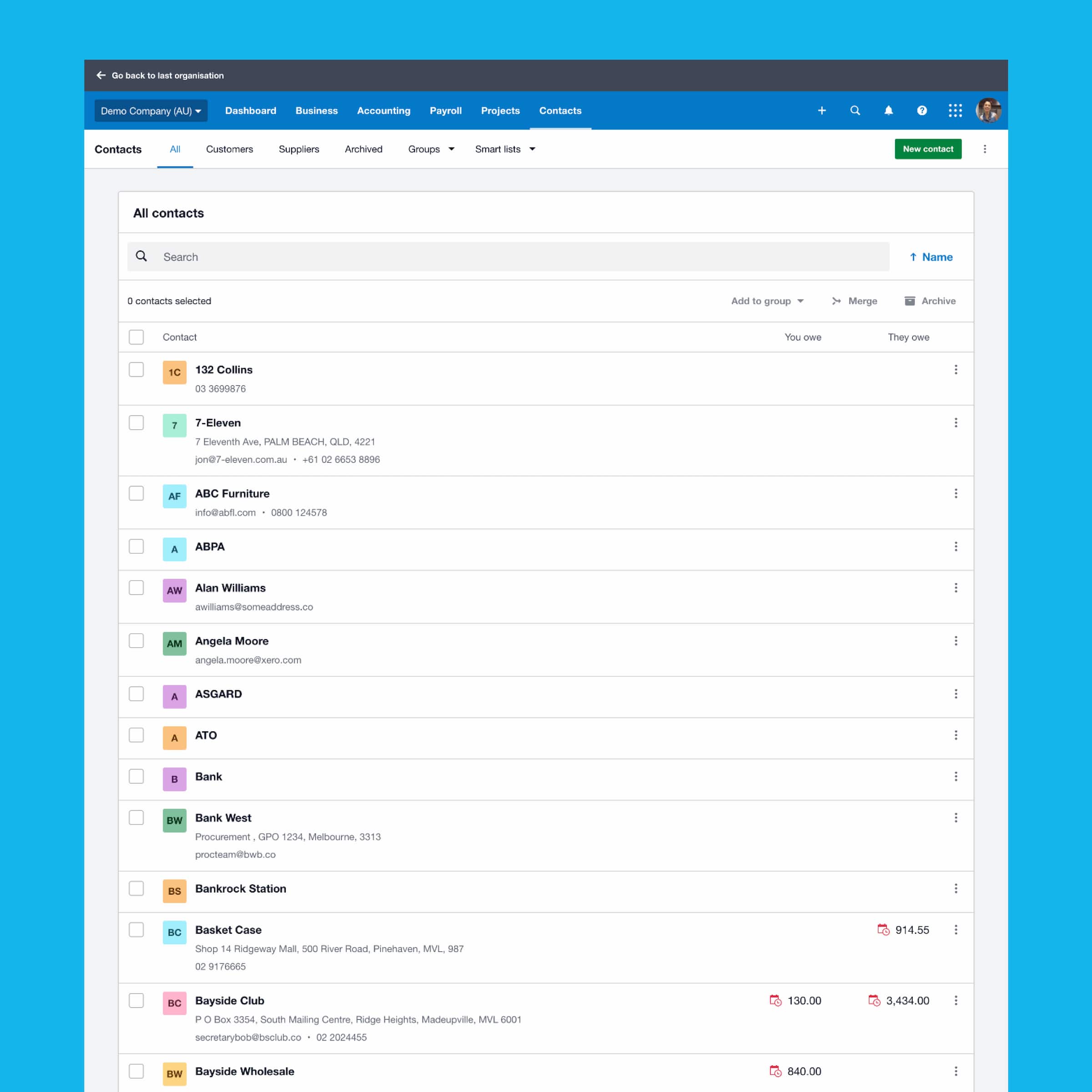 A list of customers and suppliers in Xero to help you manage contacts.