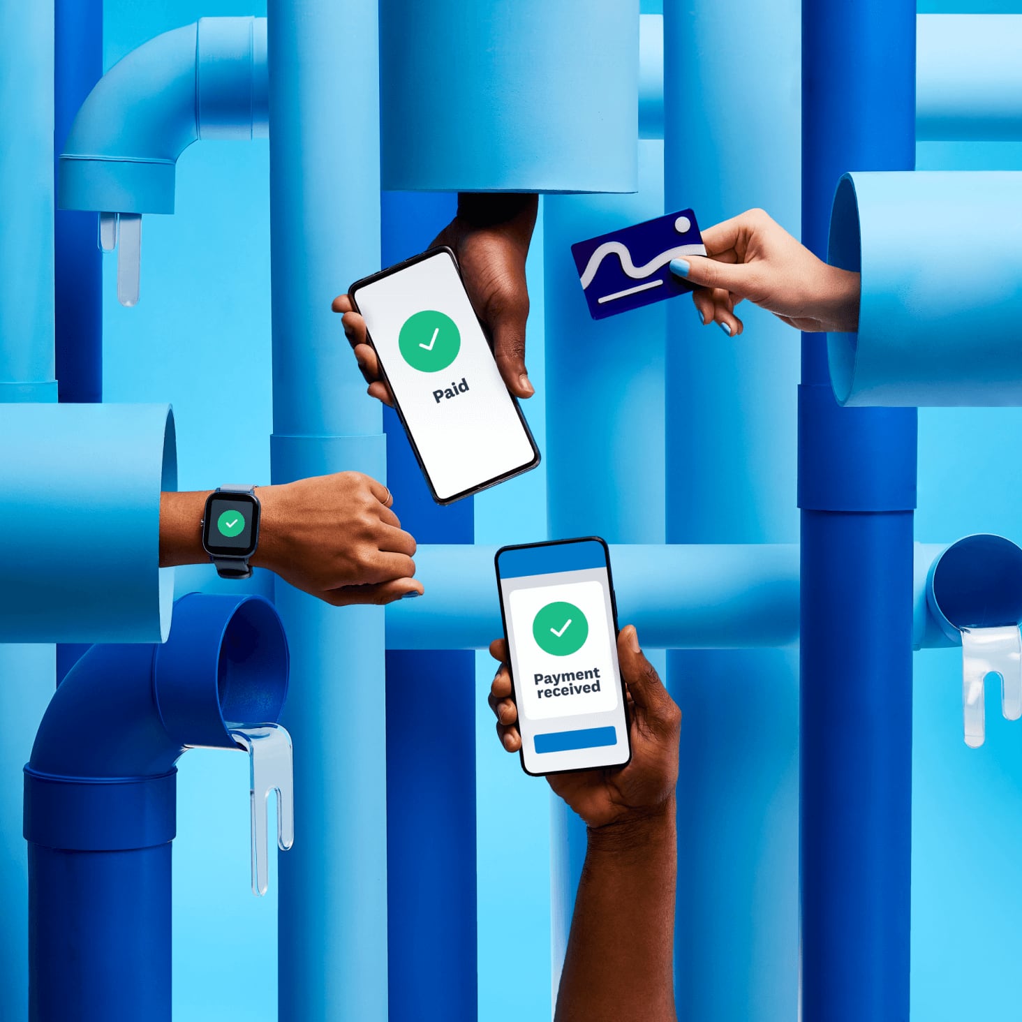 Different Tap-to-Pay channels – a Google Watch, credit card and mobile phones – are shown against a background of water pipes