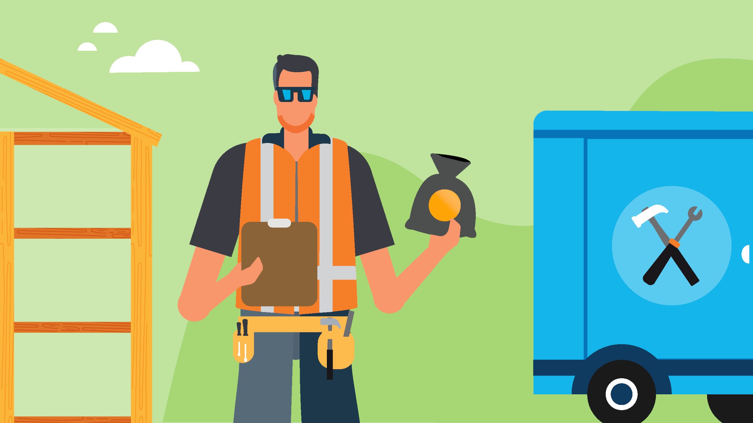 A man at a construction site inspecting a checklist on his clipboard before handing over his money.