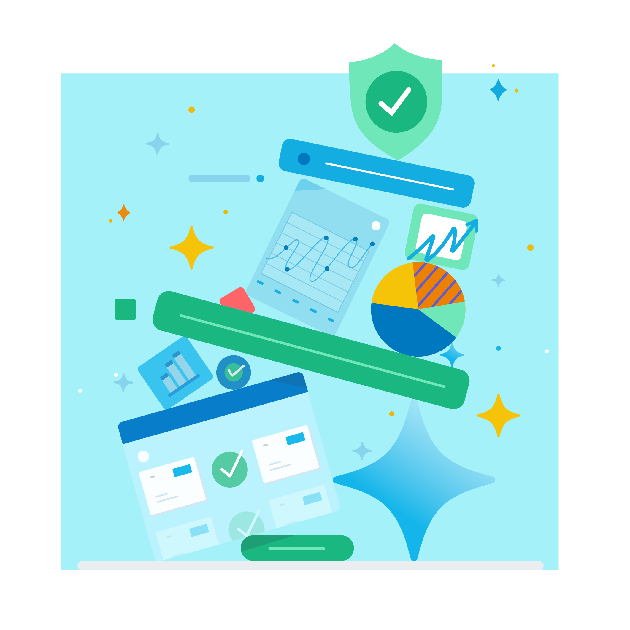 A variety of data visualizations include a bar chart, line chart, and pie chart.