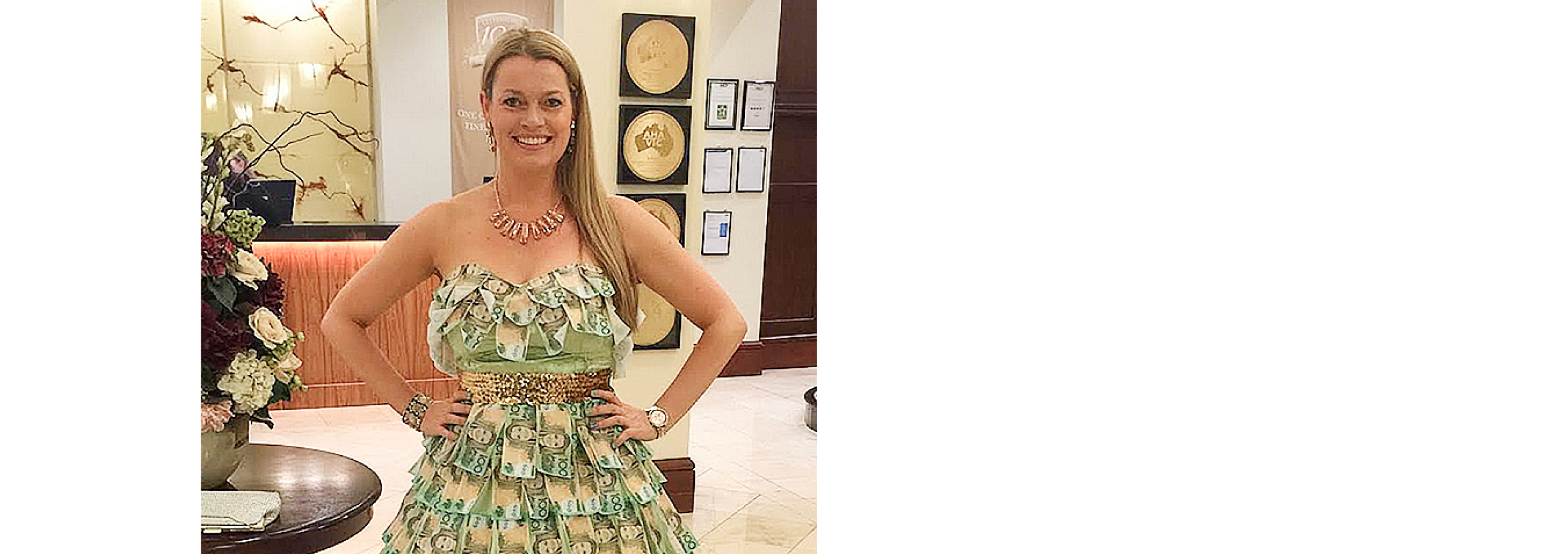 Sally at Xerocon stands in a ball gown made of one hundred dollar notes.