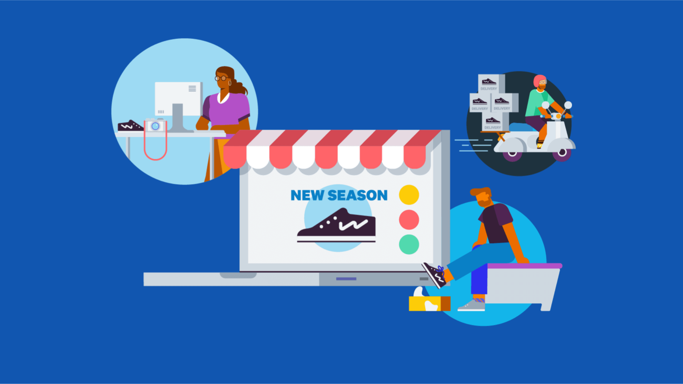 A laptop displaying in-season online products, surround by 3 people buying, delivering and trying new products.