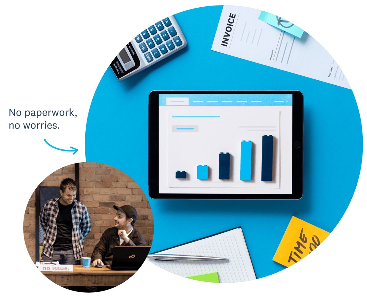 Two small business owners discuss their finances with the help of Xero’s bookkeeping program for Mac users.