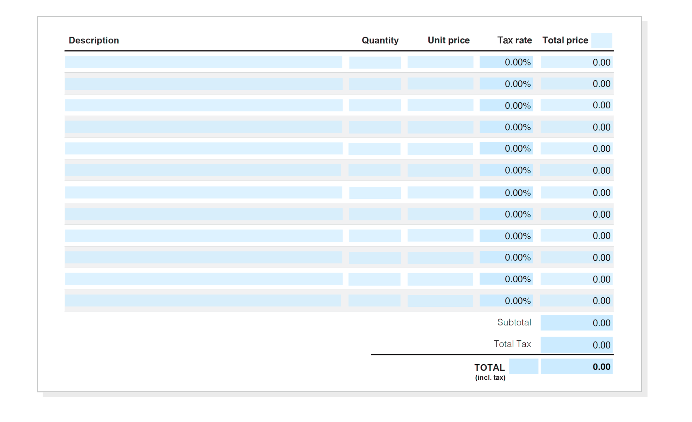 Middle section of a medical invoice for details of the services provided, quantities, prices and any tax rate.