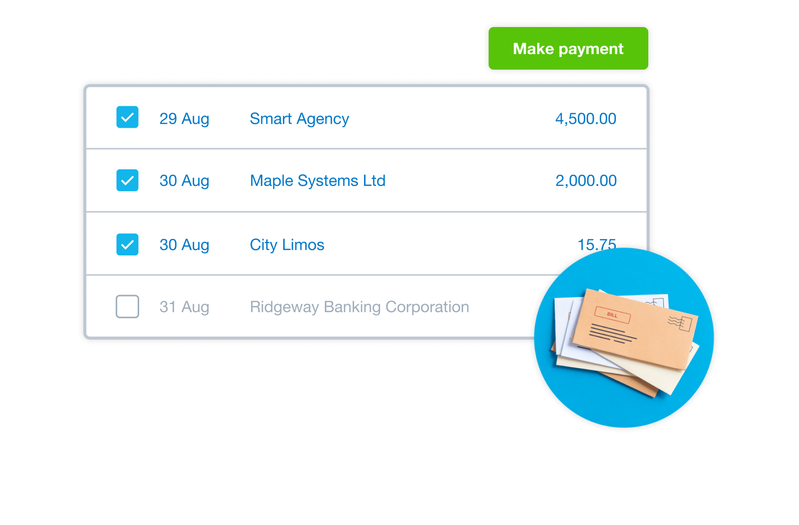 A list of outstanding bills displays in Xero so the business can make payment on selected bills
