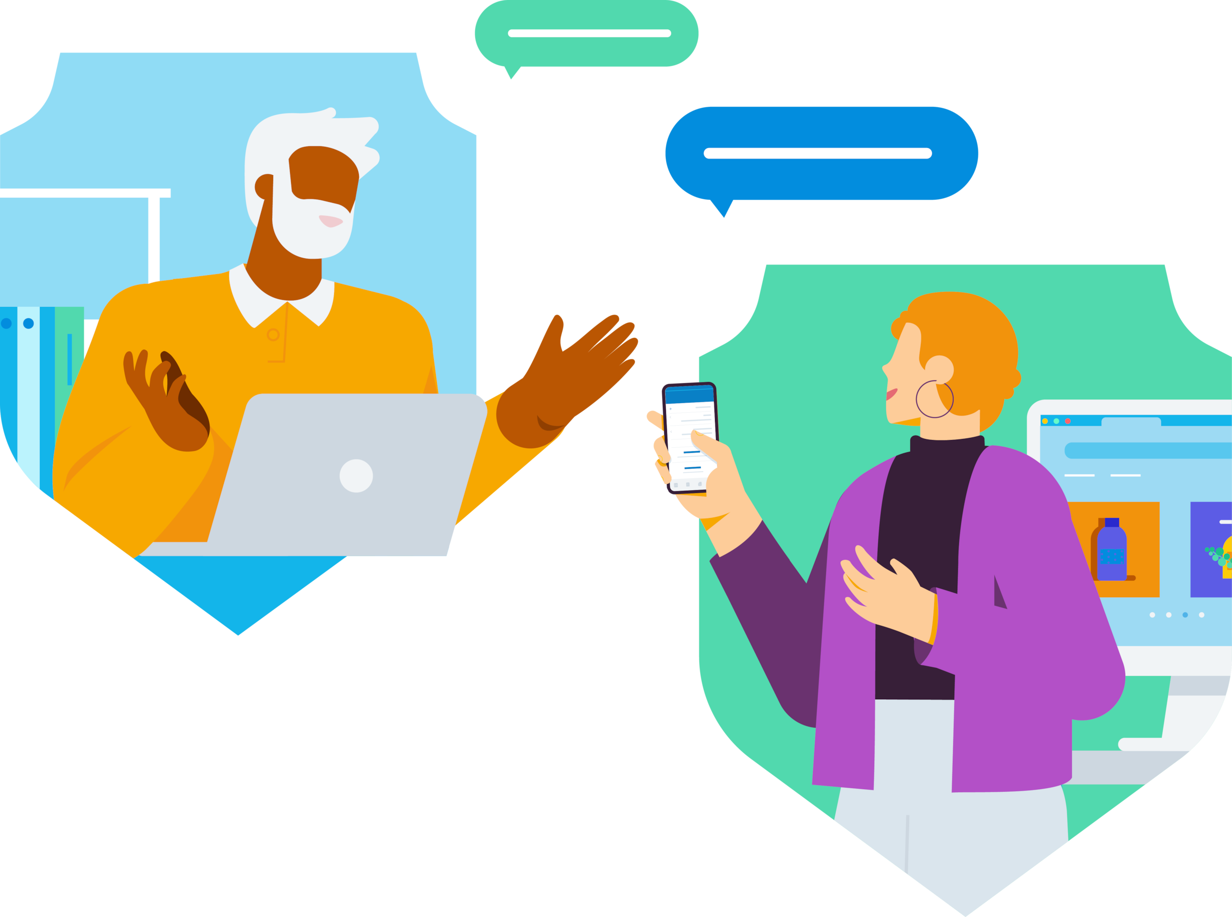 Two people talking one with a laptop and one with a phone