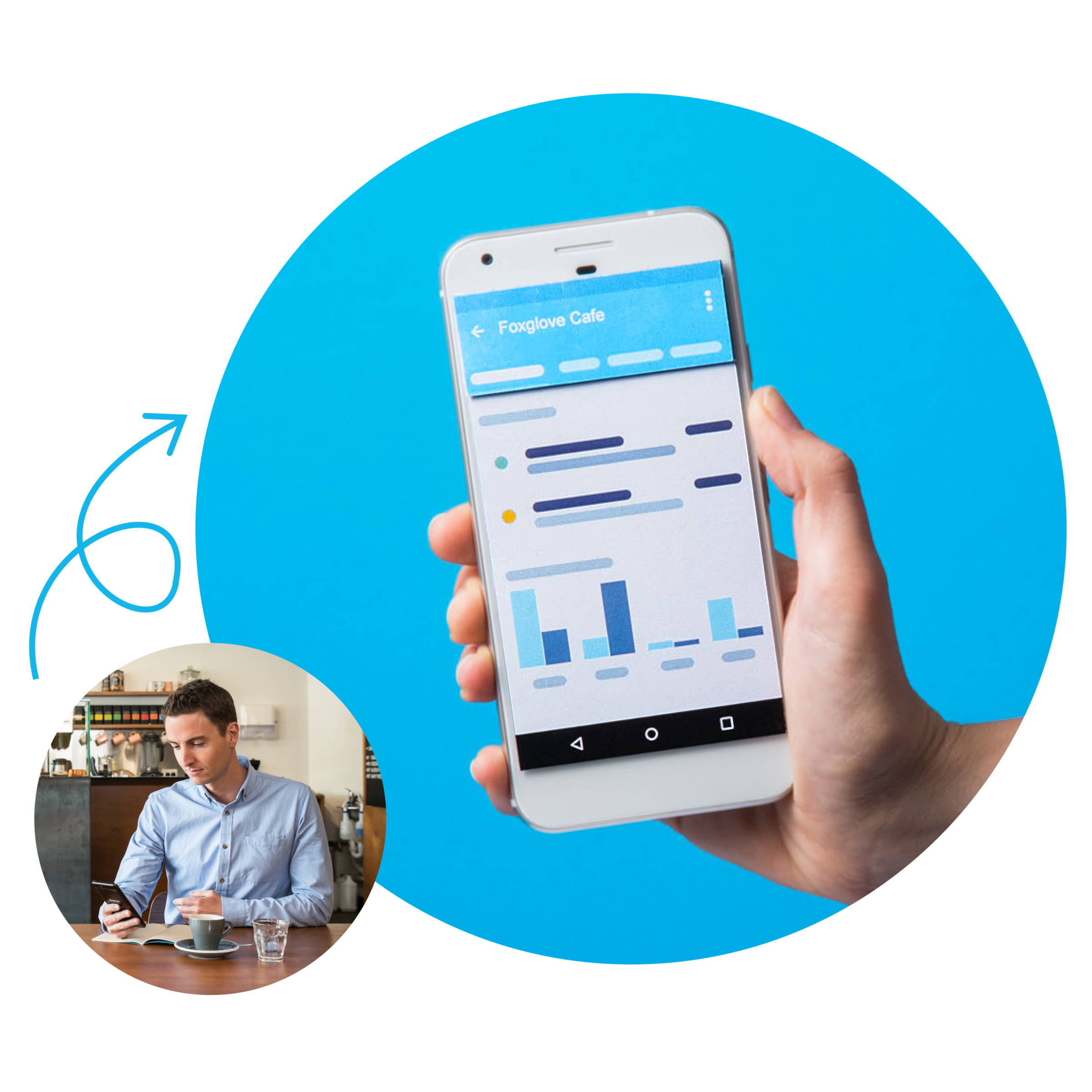 A business owner views the Xero dashboard in the accounting app on a mobile phone to see charts and key small business metric