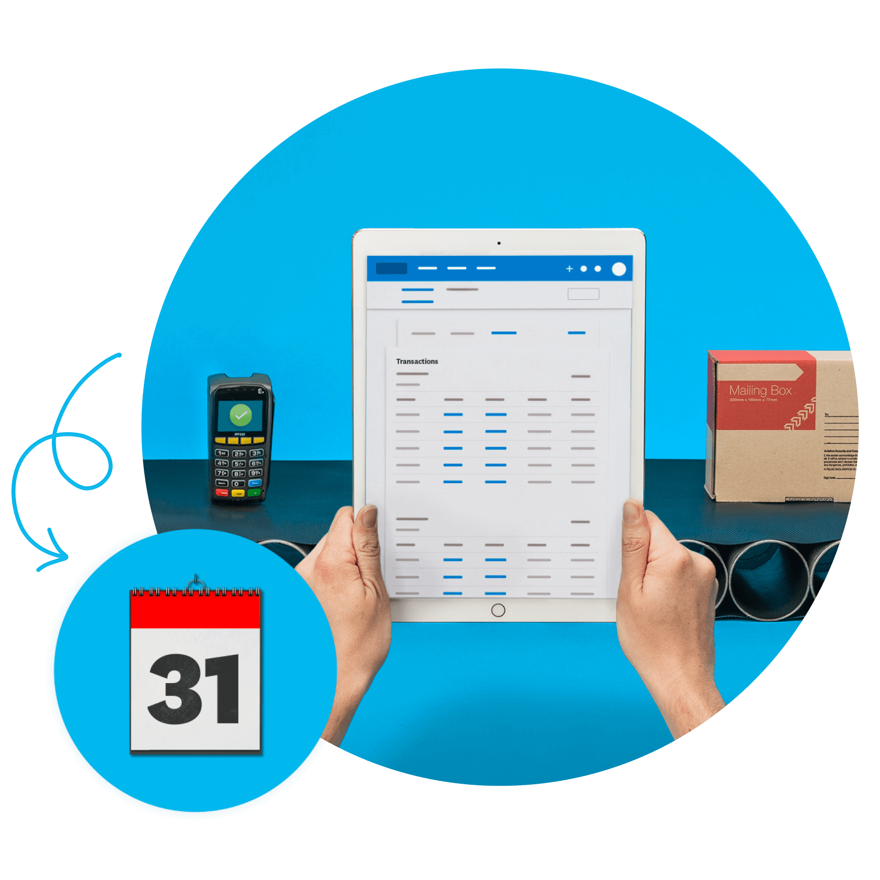 Illustration of hands holding a tablet showing Xero’s hotel accounting software.