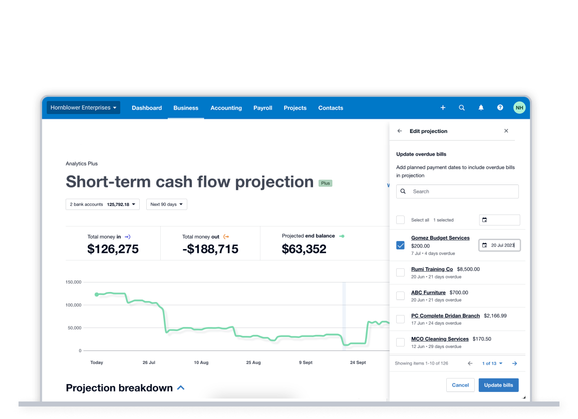 Xero software shows a business’s short-term cash flow projection, with total money in and out, and a projected end balance. 