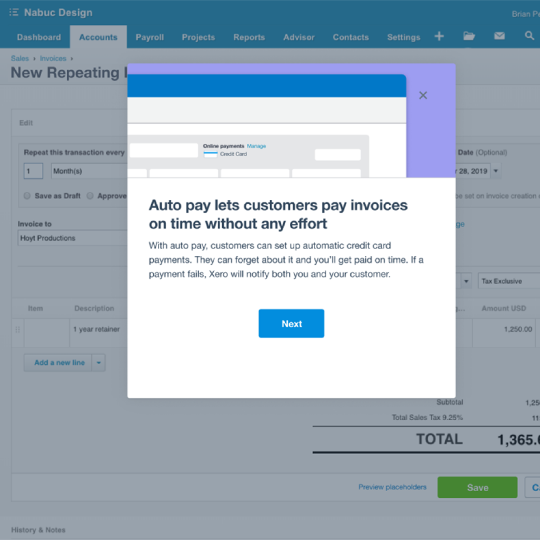 A pop-up box in Xero advises that autopay lets customers pay invoices on time without any effort.