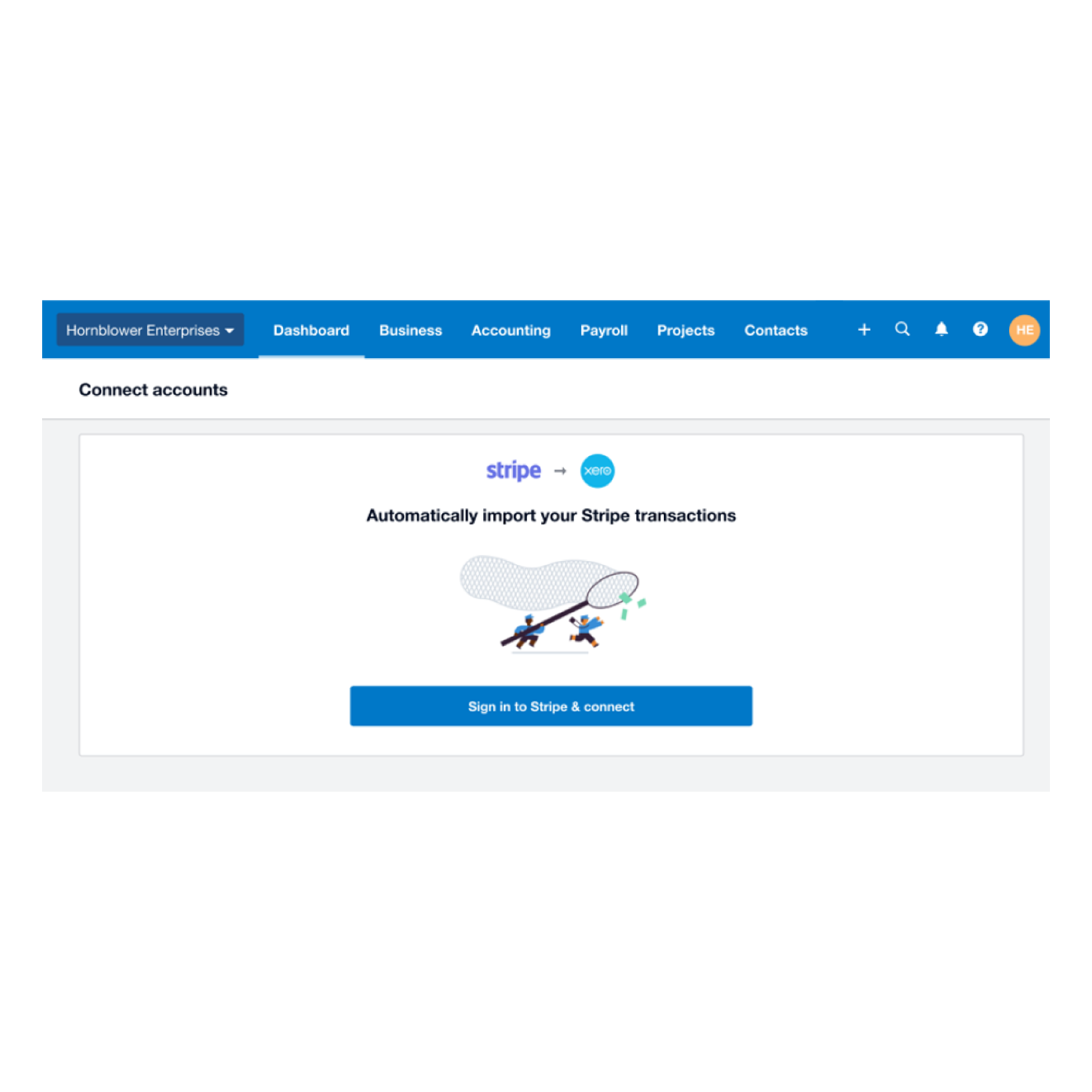 The connect accounts screen prompts the user to automatically import their Stripe transactions by connecting Stripe and Xero.