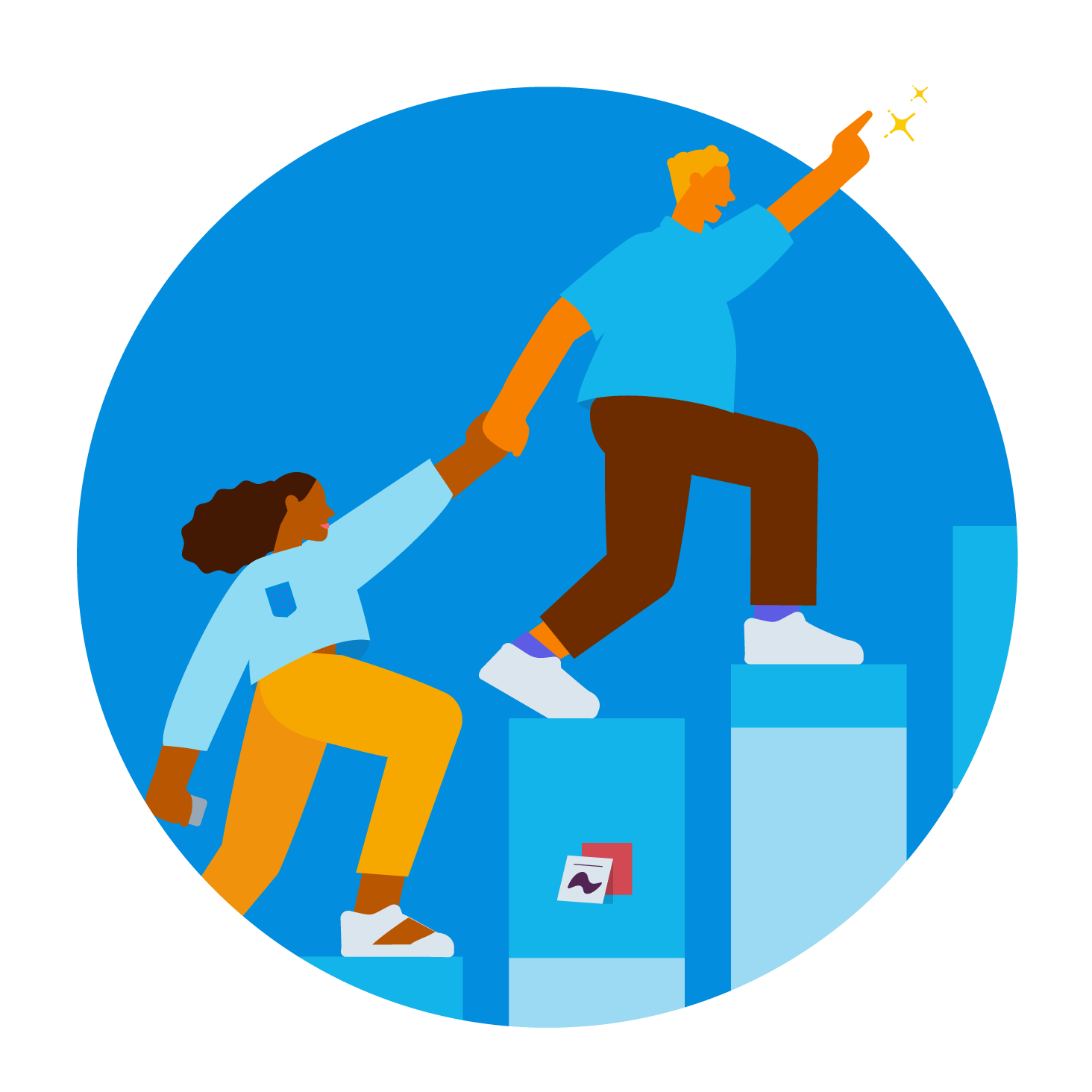 Illustration of two people climbing a bar chart.