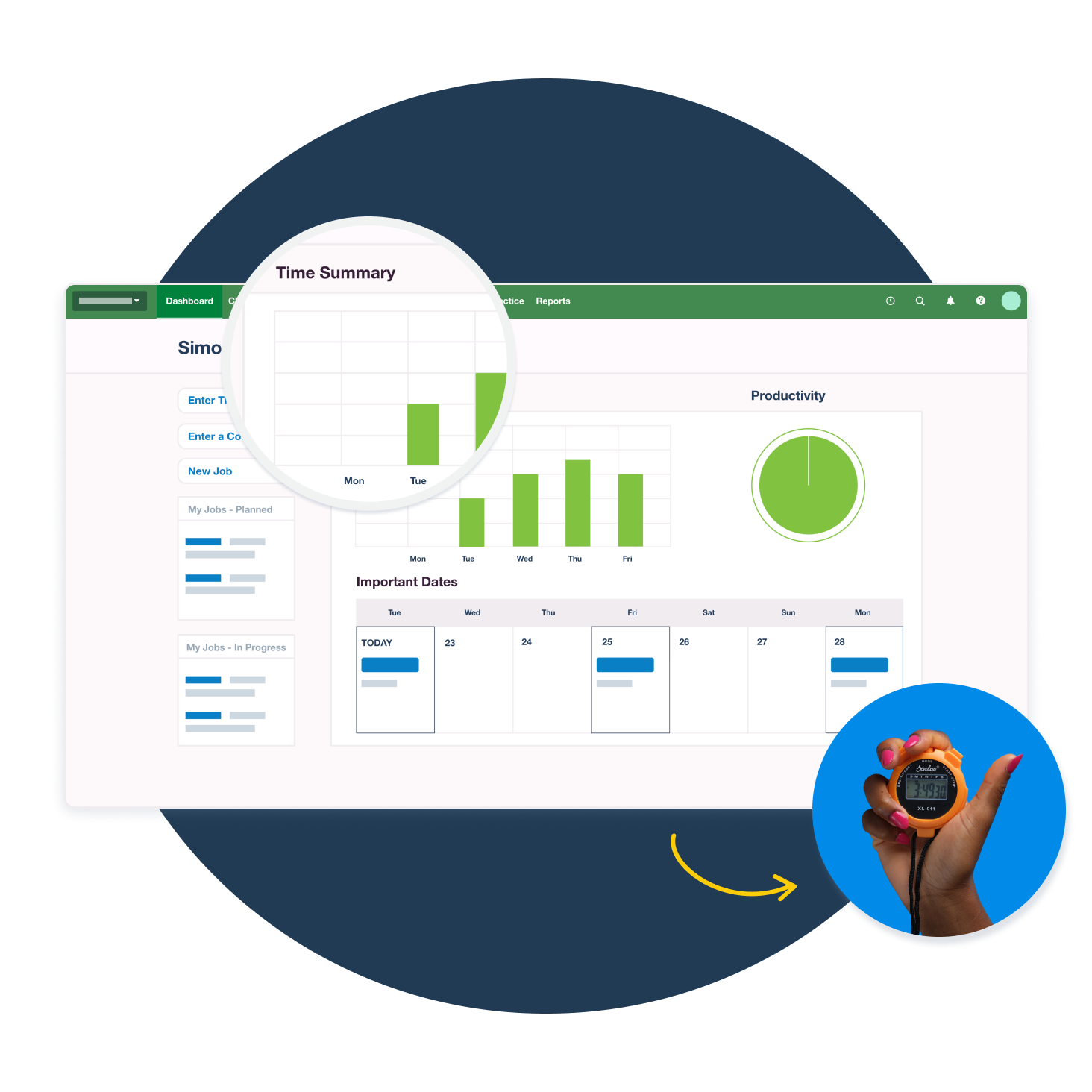 Image shows time being tracked with a stopwatch next to an accounting software dashboard.